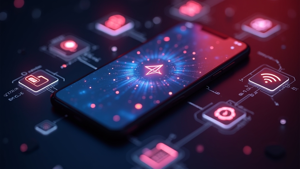Smartphone mit Symbolen für Speicher, Akku und Netzwerk in Casino-Atmosphäre