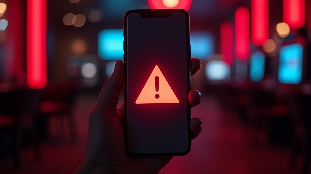 Smartphone mit Fehlersymbol beim App-Download in dunkler Casino-Atmosphäre