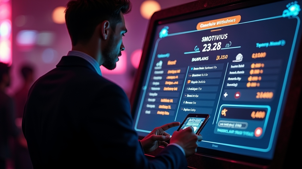 Spieler prüft Auszahlungsdaten in einer dunklen Casino-Umgebung