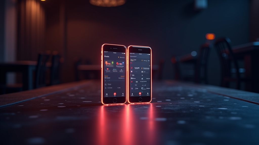 Smartphone mit Android- und iPhone-Downloadweg in dunkler Casino-Atmosphäre