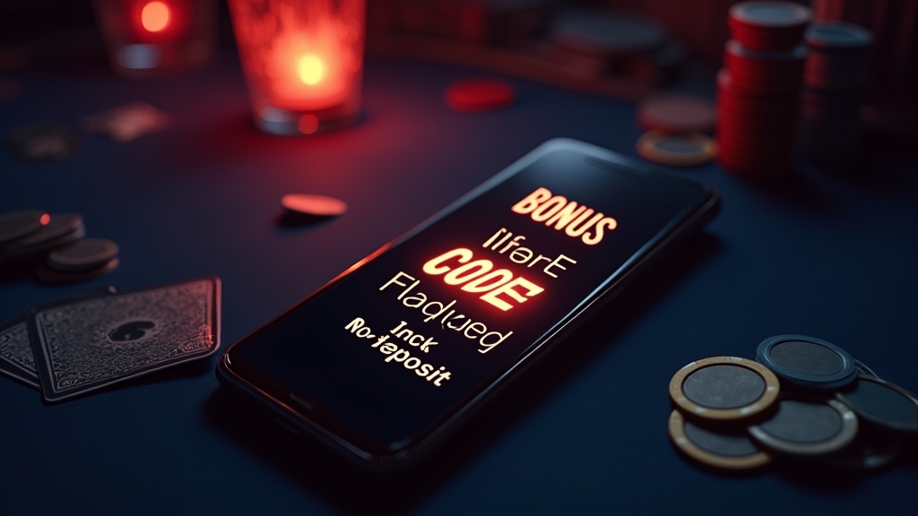 Dunkle Casino-Szene mit Bonuscode auf einem leuchtenden Bildschirm
