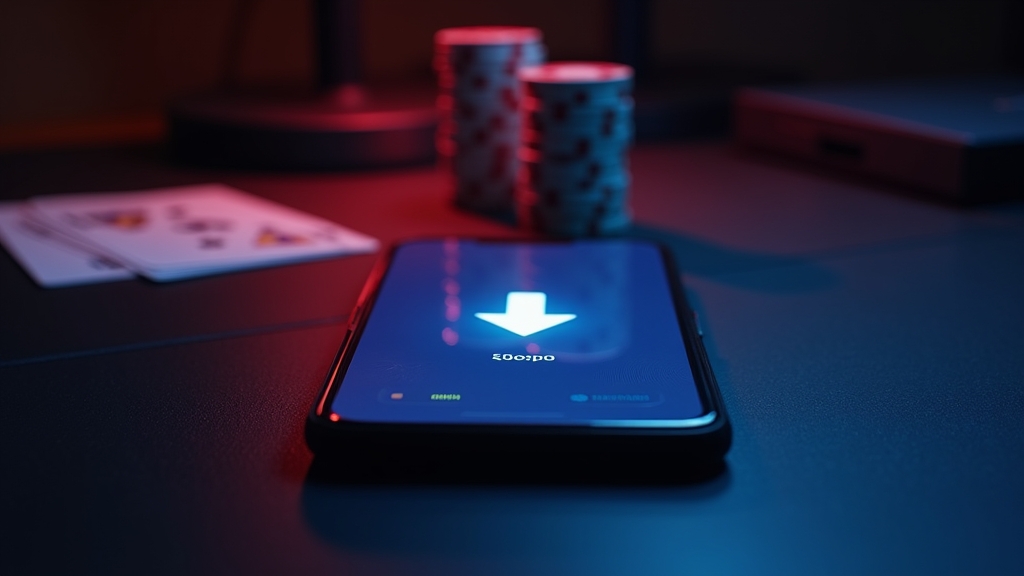 Handy mit Installationsschritten in dunkler Casino-Umgebung